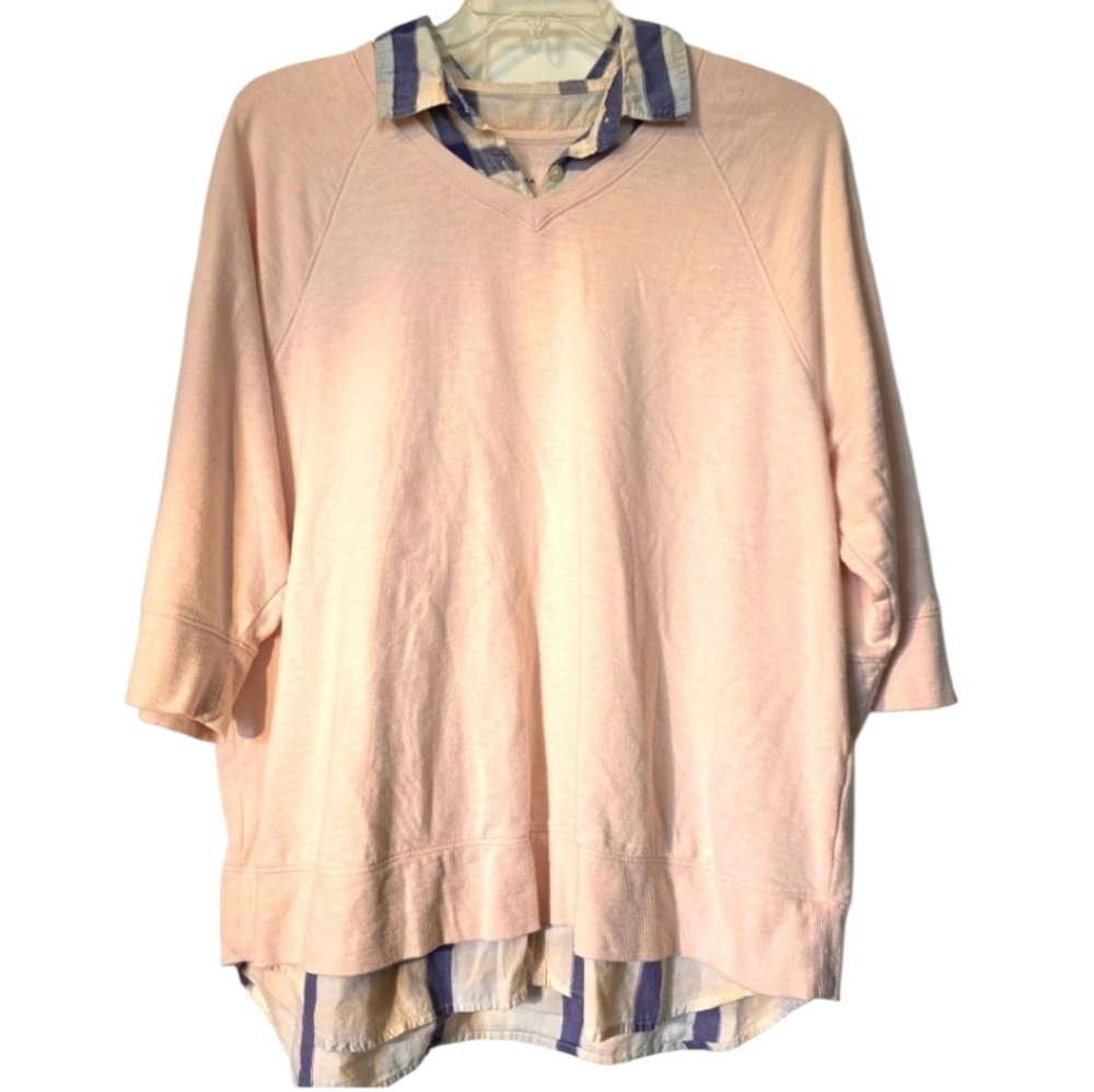Sonoma Pink Sweatshirt with Madras Plaid Collar And Shirttail 3X EUC